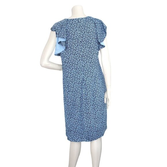 Lands' End Floral Dress Stretch Ruffle Sleeve Ditsy Flower Zip Back Stretch Blue - Picture 7 of 11